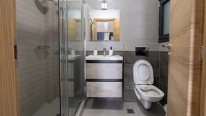 A modern bathroom with a glass shower enclosure, a sink with a mirror above, and a toilet. - Ag. Ioannis m. station 1 bed for 2 pers by MPS (Vironas)