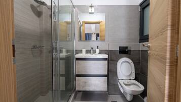 Hair dryer, towels, soap, toilet paper