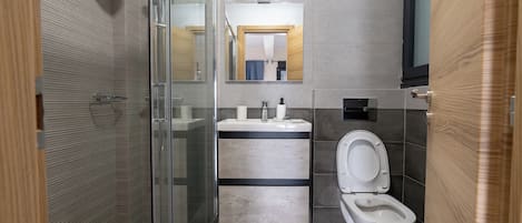 Secadora de cabello, toallas, jabón, papel de baño