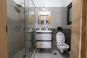 Hair dryer, towels, soap, toilet paper