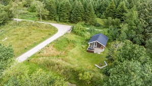 A house surrounded by dense forest with a winding road leading to it.