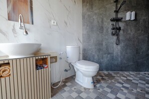 Serviettes fournies, savon, shampoing, papier toilette