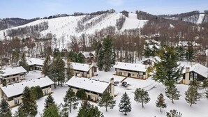 Un albergue cubierto de nieve con varias construcciones, rodeado de árboles y una montaña nevada al fondo.