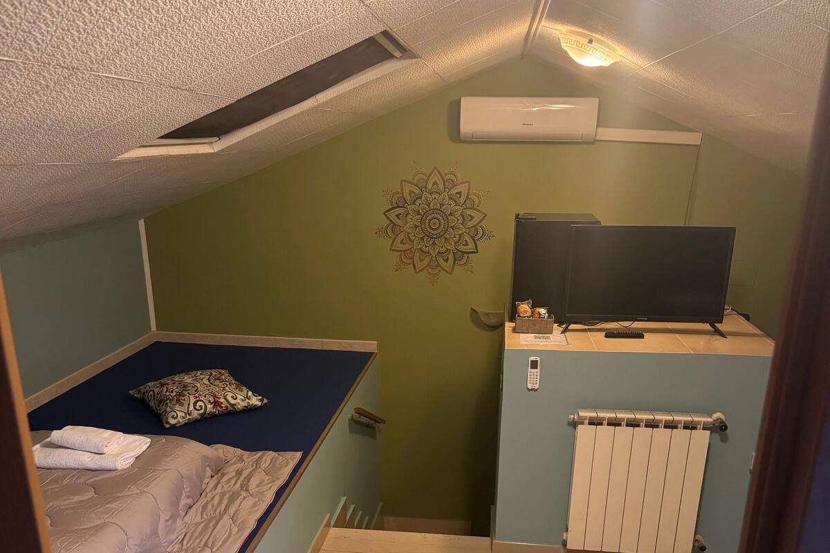 A small, compact room with a bunk bed, a radiator, a television, and a decorative wall piece.