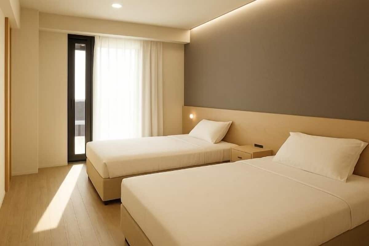1 bedroom, desk, blackout curtains, iron/ironing board