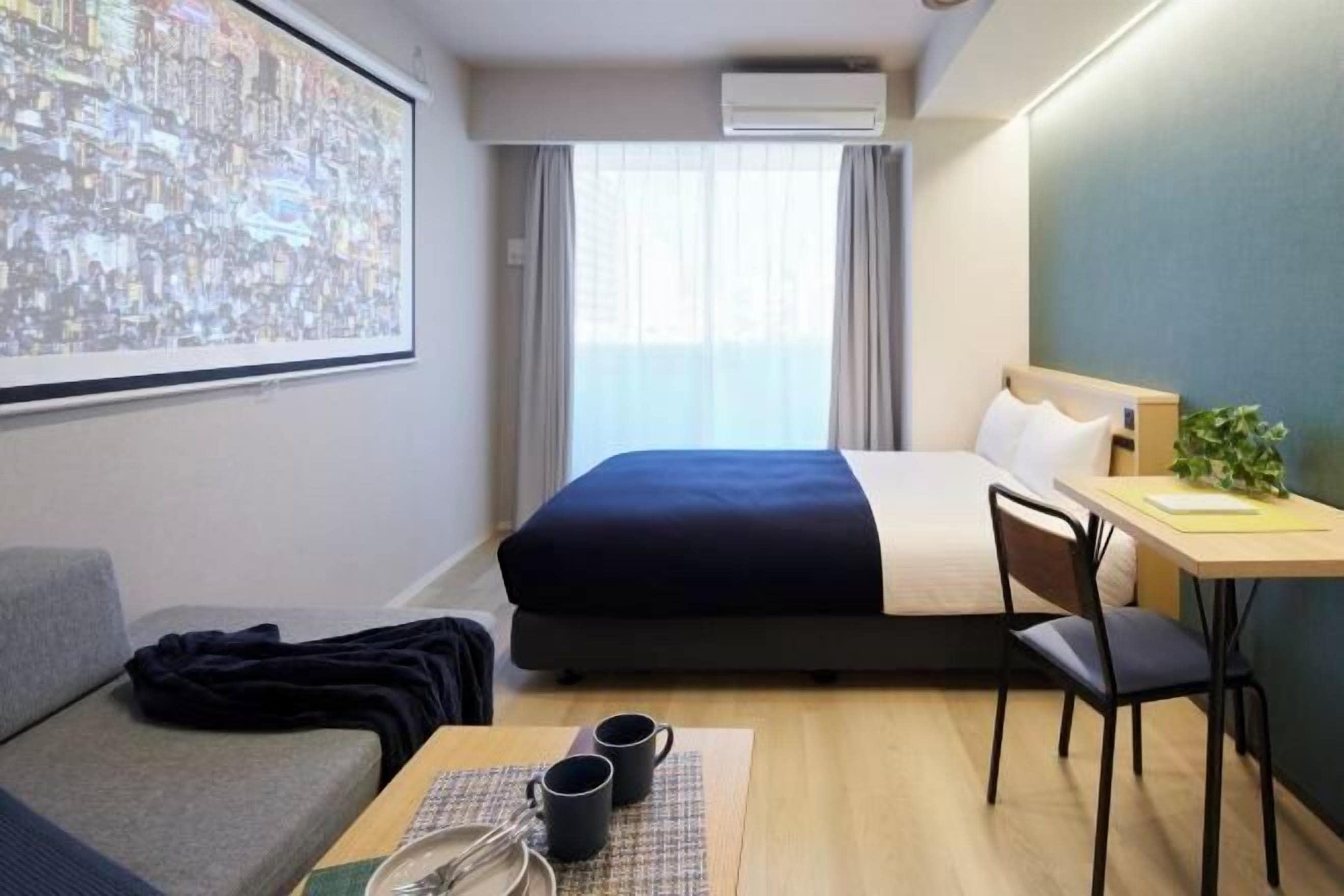 1 bedroom, desk, blackout curtains, iron/ironing board