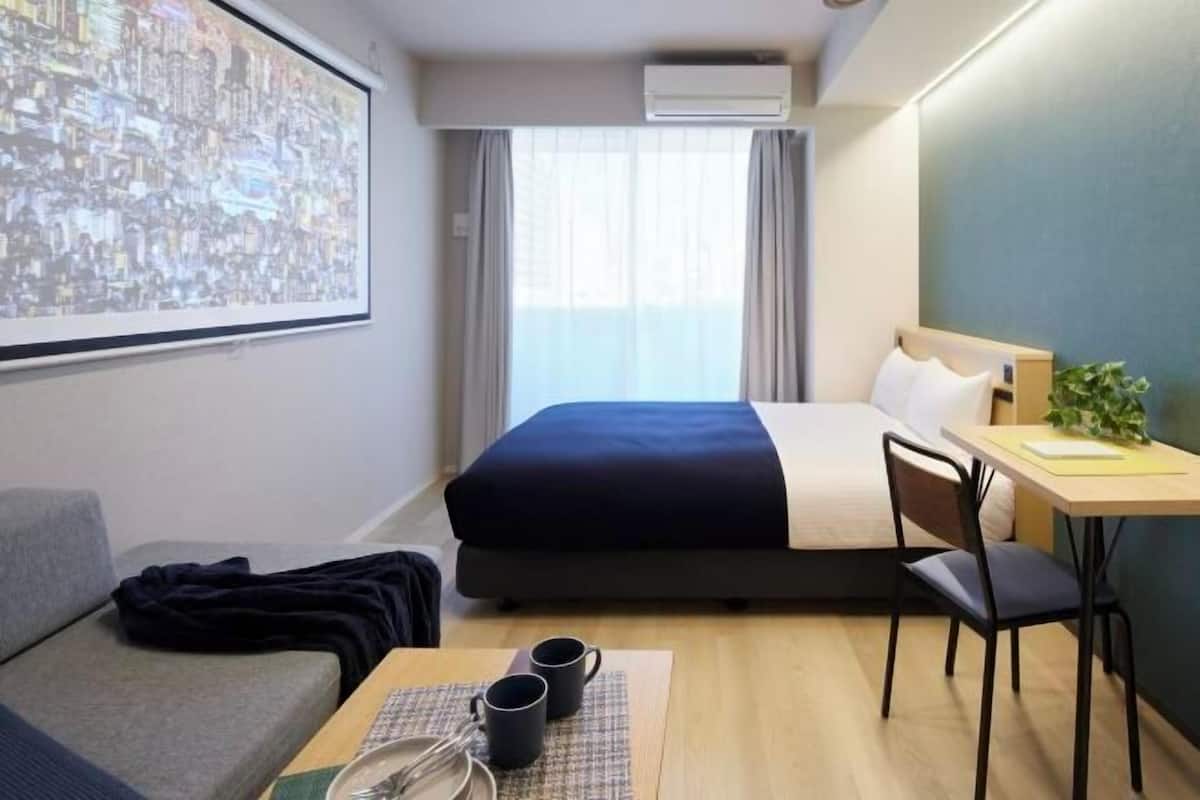 1 bedroom, desk, blackout curtains, iron/ironing board