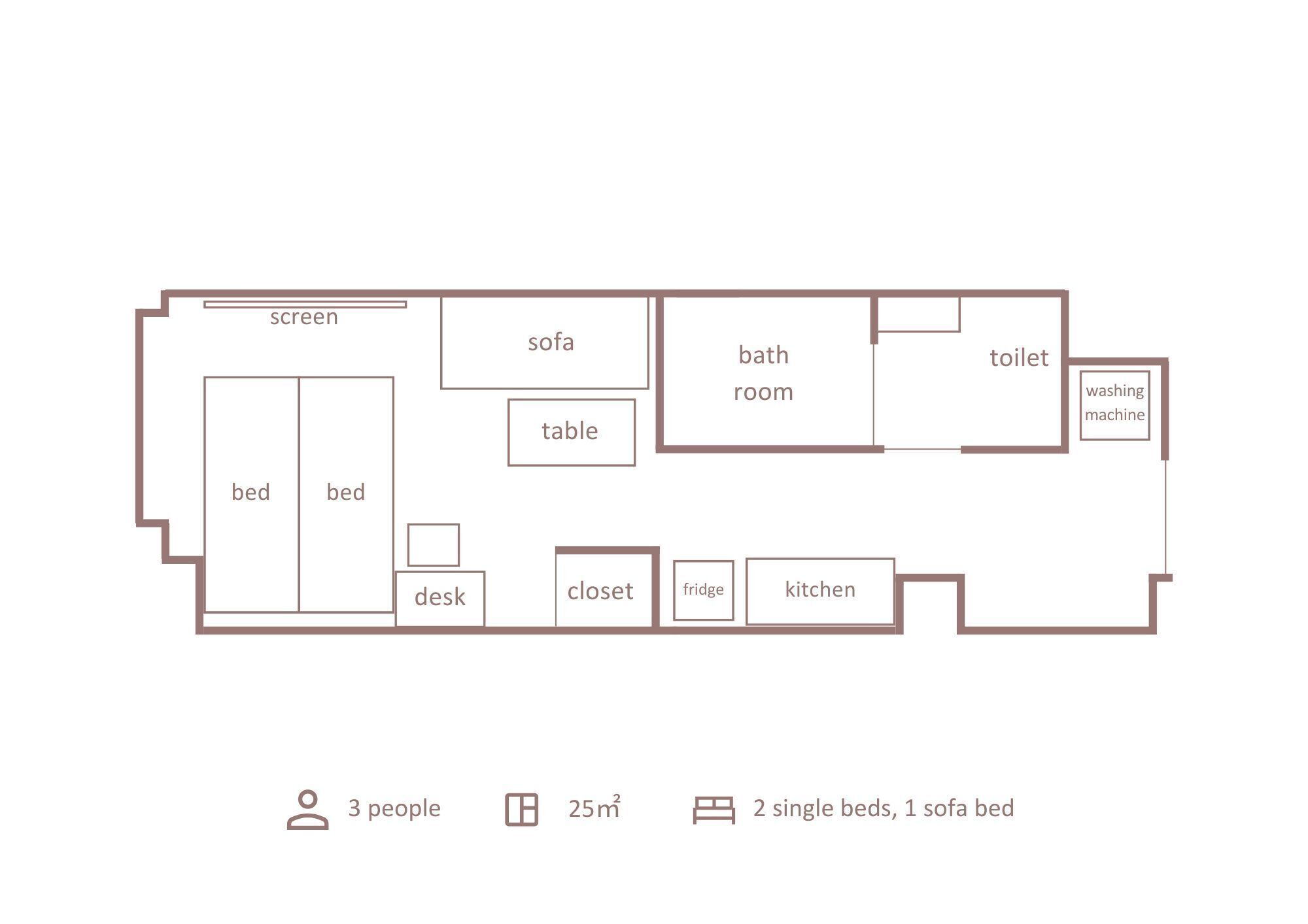 A floor plan of a 25m² apartment with 2 single beds and 1 sofa bed, including a bathroom, kitchen, and a desk area.