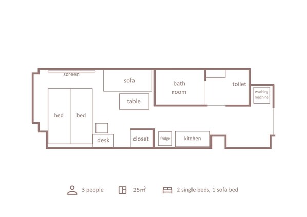 A floor plan of a 25m² apartment with 2 single beds and 1 sofa bed, including a bathroom, kitchen, and a desk area. - Minn Umeda Nakazakicho (Osaka)