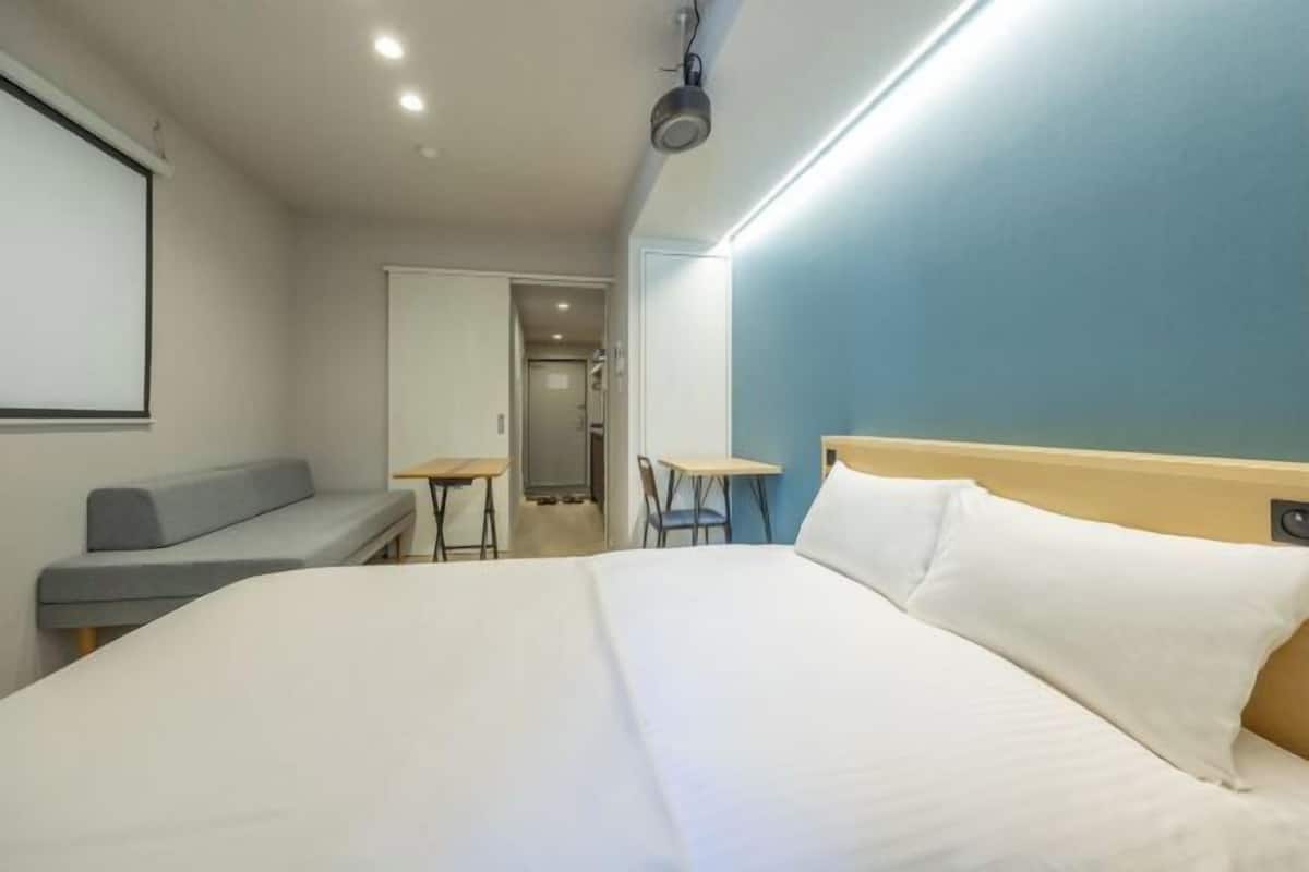 1 bedroom, desk, blackout curtains, iron/ironing board