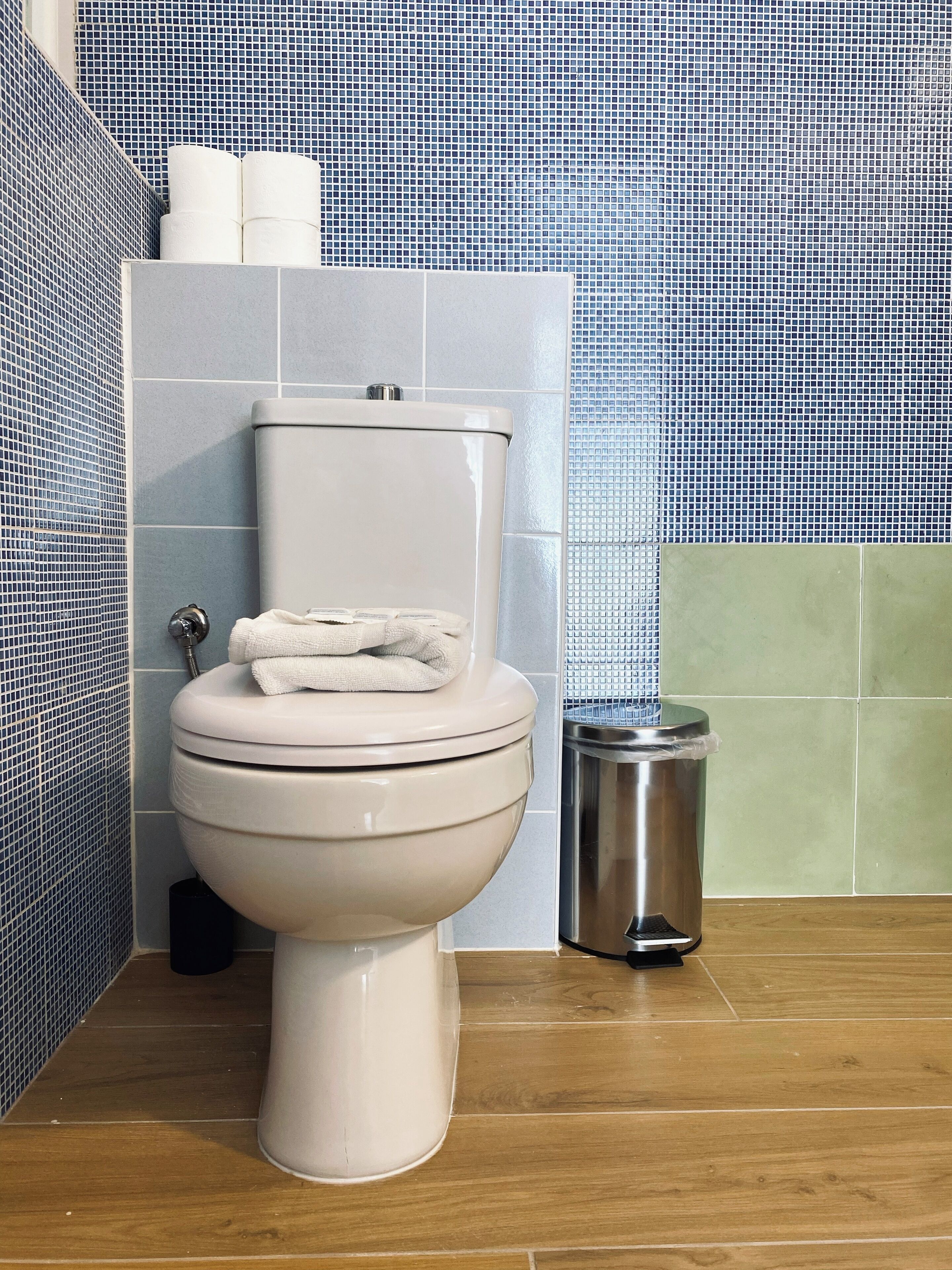A toilet with a white lid and tank, a roll of toilet paper, and a trash can with a metal lid.