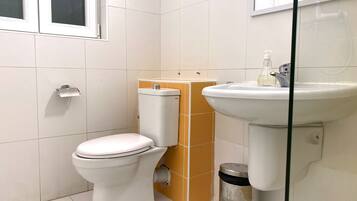 Une salle de bain avec des toilettes, un lavabo et une poubelle.