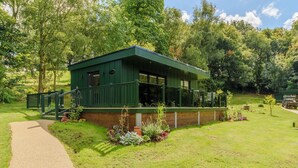 Une cabane verte avec un porche, entourée d’un jardin et d’arbres.