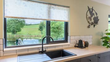 Cabin | Private kitchen | Fridge, microwave, oven, stovetop