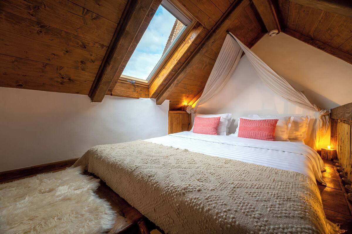 A cozy bedroom with a large bed, a fluffy rug, and a skylight.
