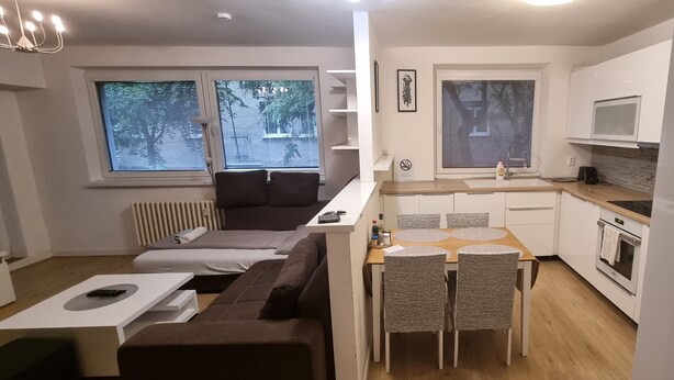 A compact living space with a sofa, a small dining table, and a kitchenette.