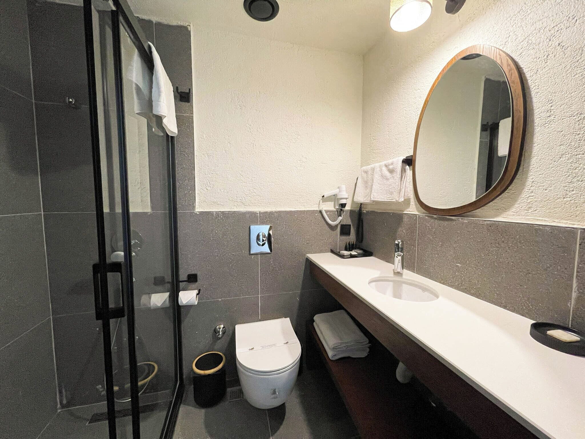 A modern bathroom with a glass shower enclosure, a white toilet, a vanity with a mirror, and a sink.