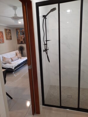 Regadera, secadora de cabello, toallas, jabón