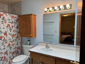 Une salle de bain comprenant des toilettes, un lavabo, un miroir et un rideau de douche orné d’un motif de fruits.