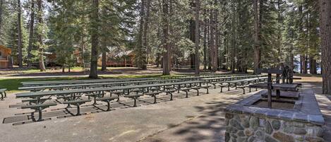 A picnic area with multiple benches and a stone structure, surrounded by tall trees.