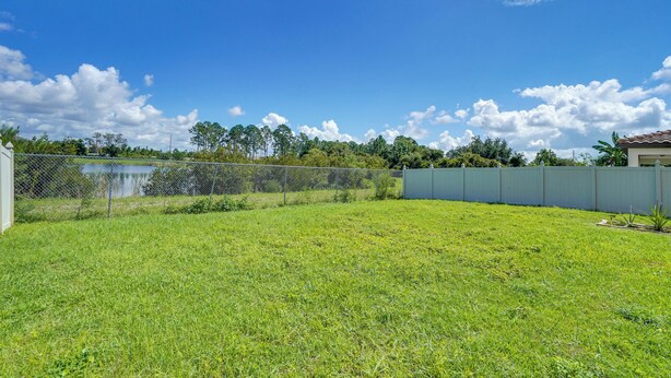 A grassy yard with a chain-link fence, a building with a red roof, and a clear blue sky with clouds.