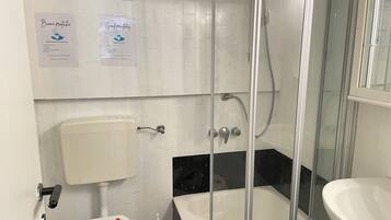 Hair dryer, bidet, towels, toilet paper