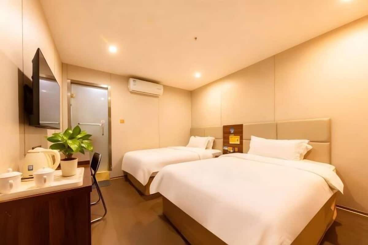 A hotel room with two beds, a desk with a plant, a coffee maker, and an air conditioning unit.