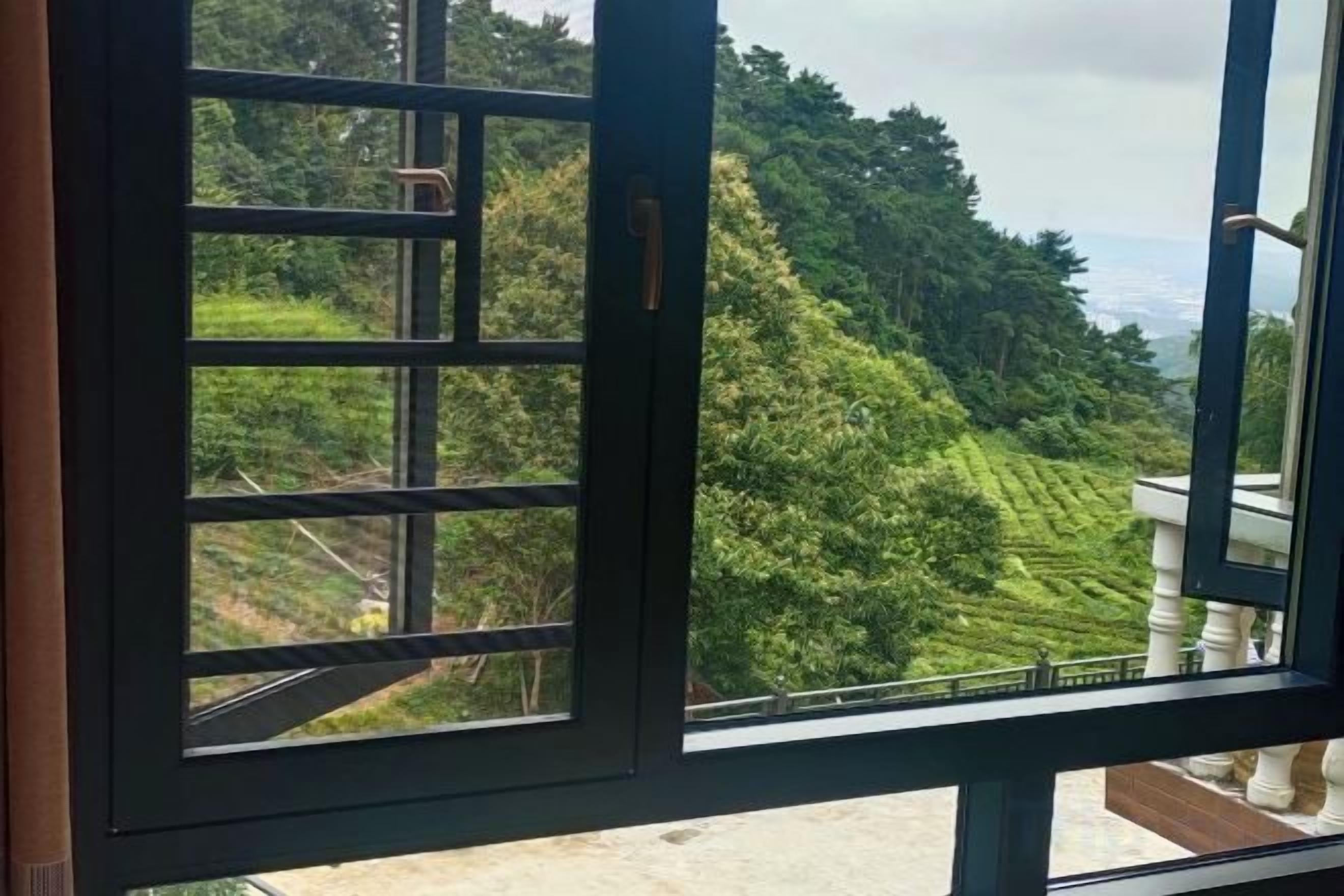 Blick durch ein Fenster mit Metallrahmen auf eine grüne Landschaft mit terrassenförmig angelegten Feldern.
