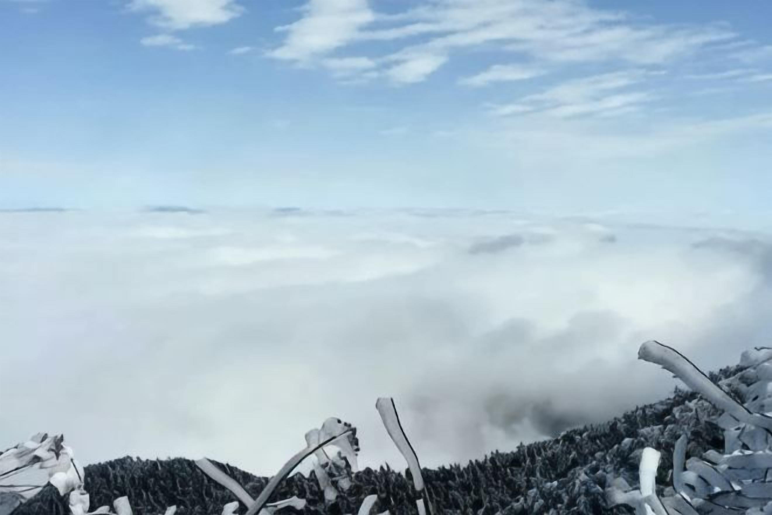 Paisaje nevado de una montaña con cielo despejado y vista de las nubes abajo.