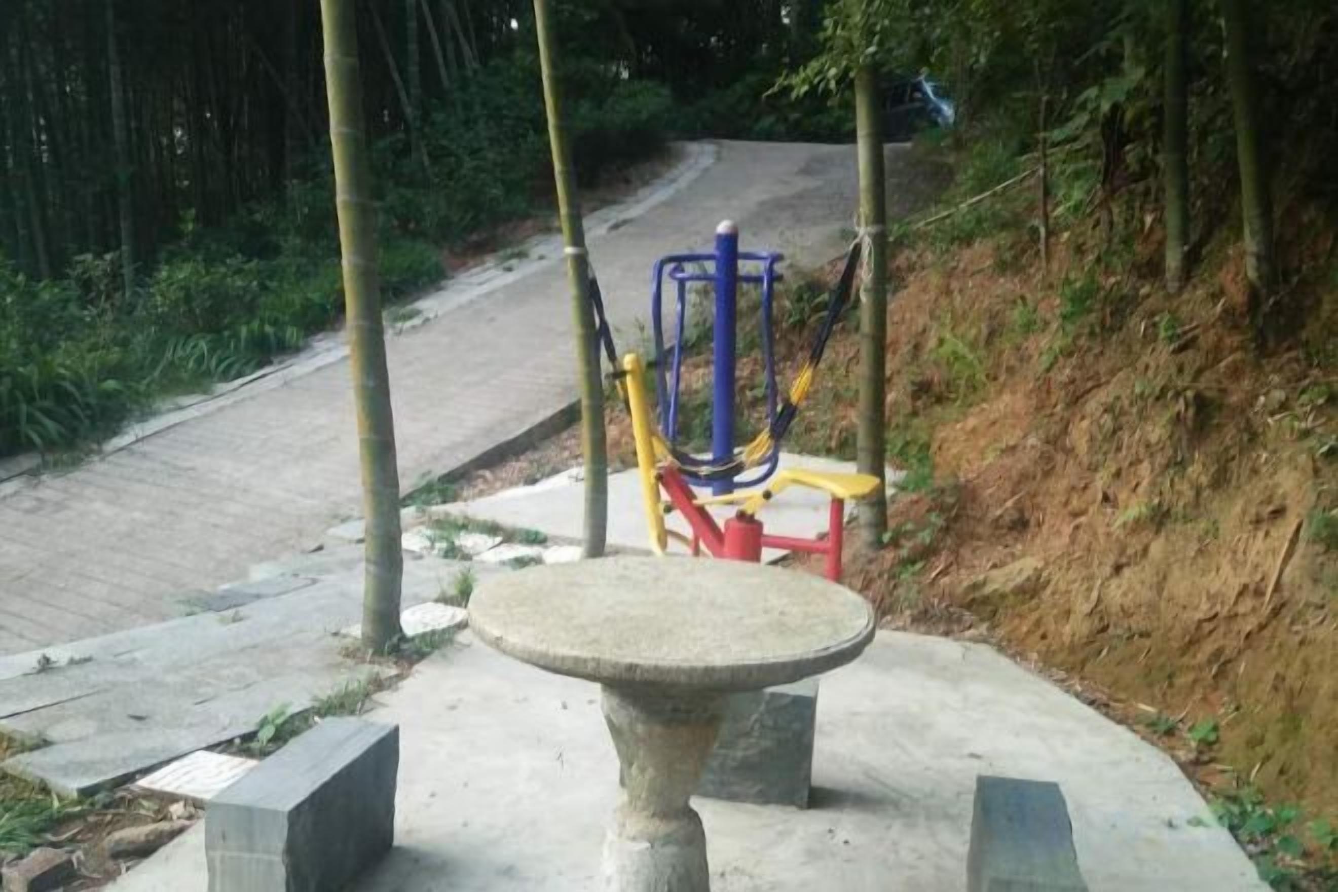 Une table en béton dans un parc, avec des appareils de musculation en arrière-plan.