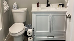 A bathroom with a toilet, sink, and mirror. There are towels and toiletries on the counter. - Cozy cottage in charming downtown Mount Vernon. (Mount Vernon)