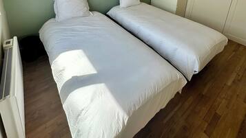 A bedroom with two beds, a ceiling fan, a wall-mounted heater, and a door.