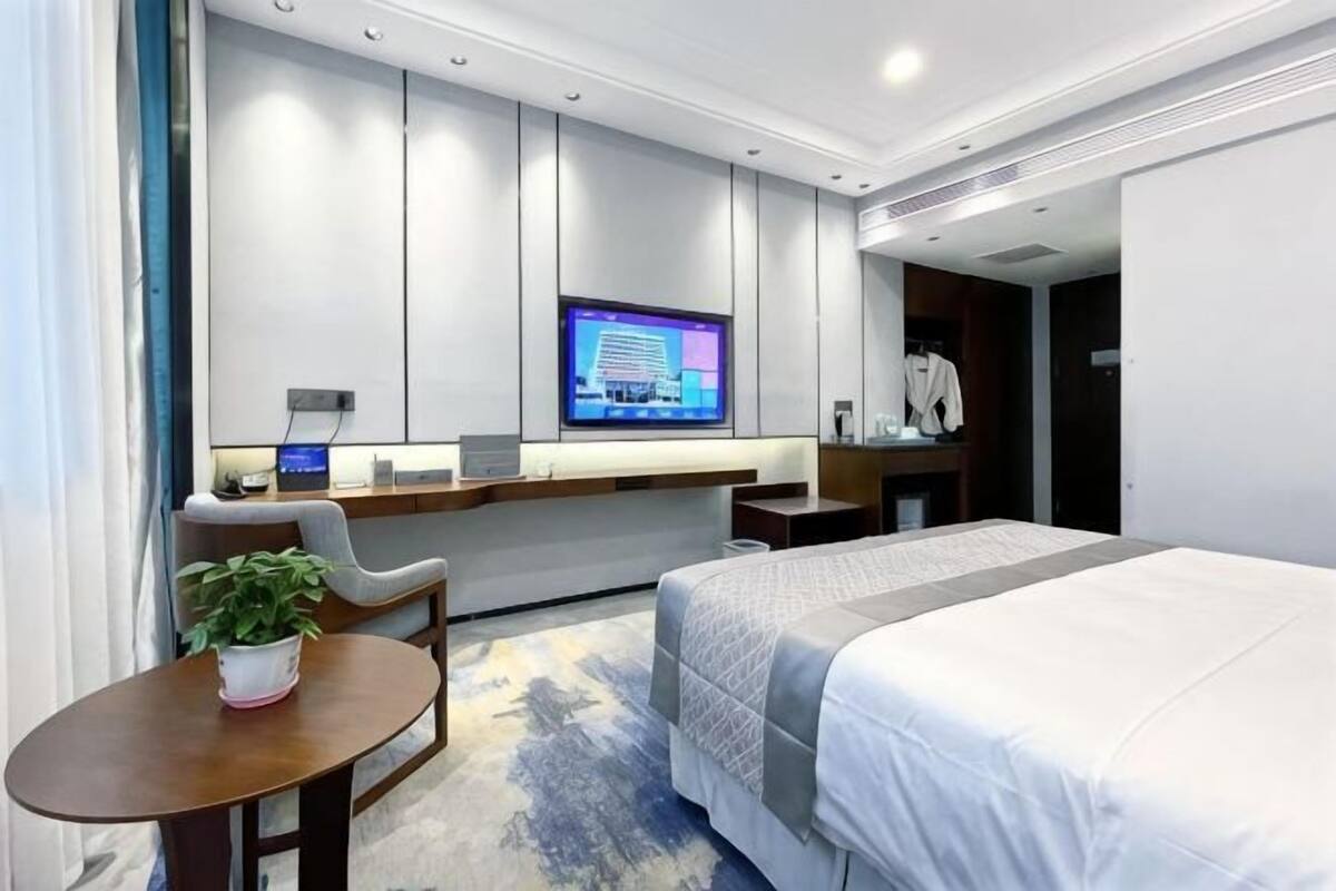 A hotel room with a bed, a desk with a computer, a TV, and a small table with a plant.