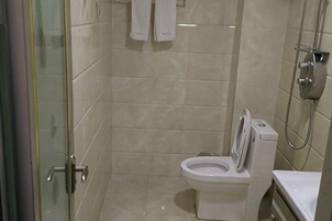 A bathroom with a toilet, a glass shower enclosure, and a sink.