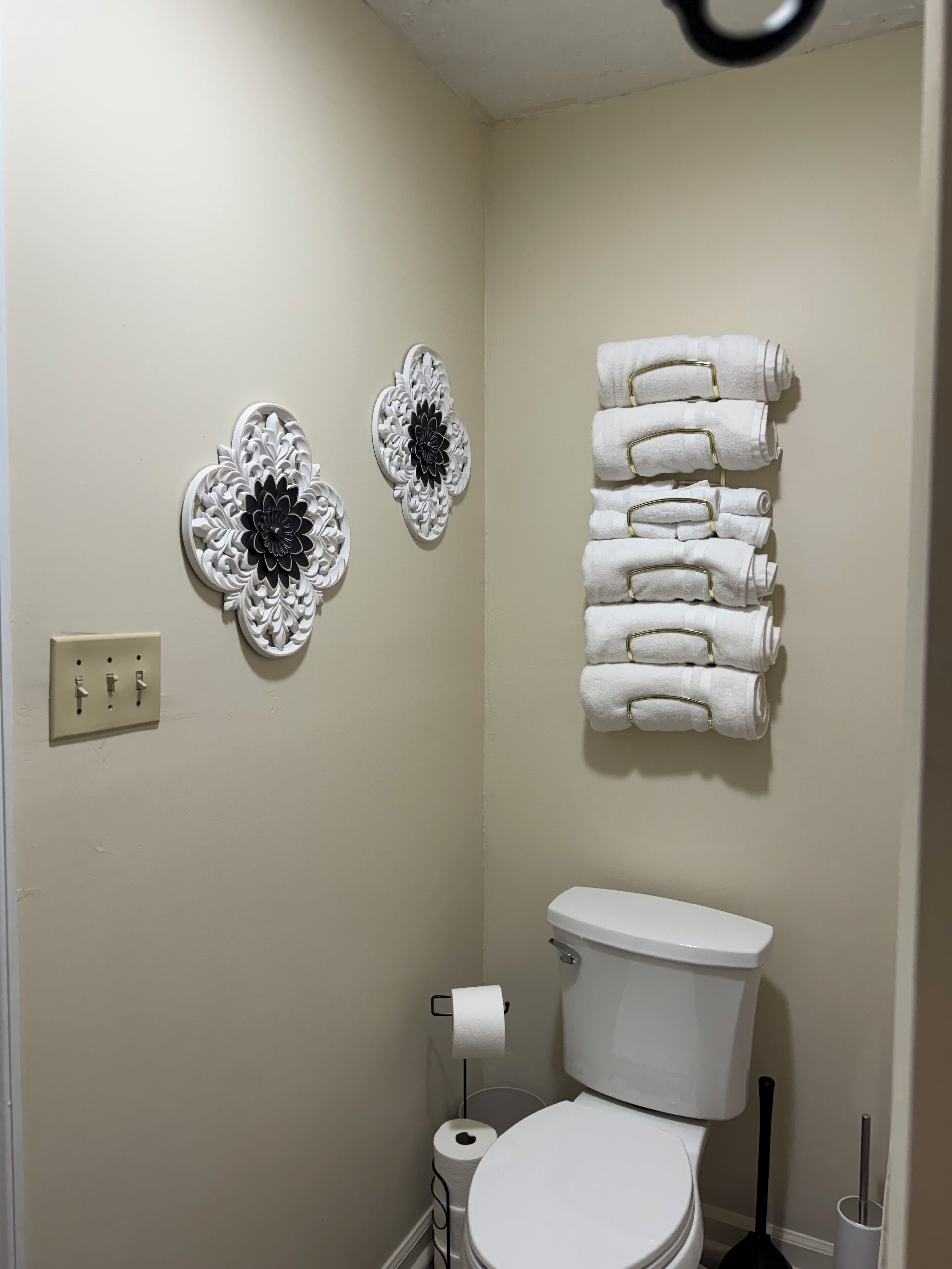 Un baño con inodoro, dos toalleros y un dispensador de papel higiénico.
