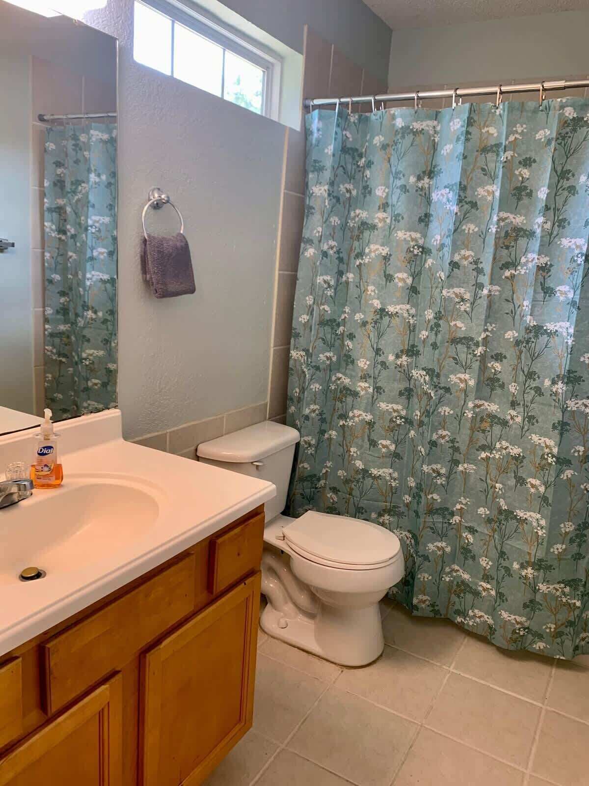A bathroom with a white sink, a toilet, and a shower curtain with a floral pattern.