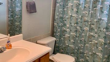 A bathroom with a white sink, a toilet, and a shower curtain with a floral pattern.