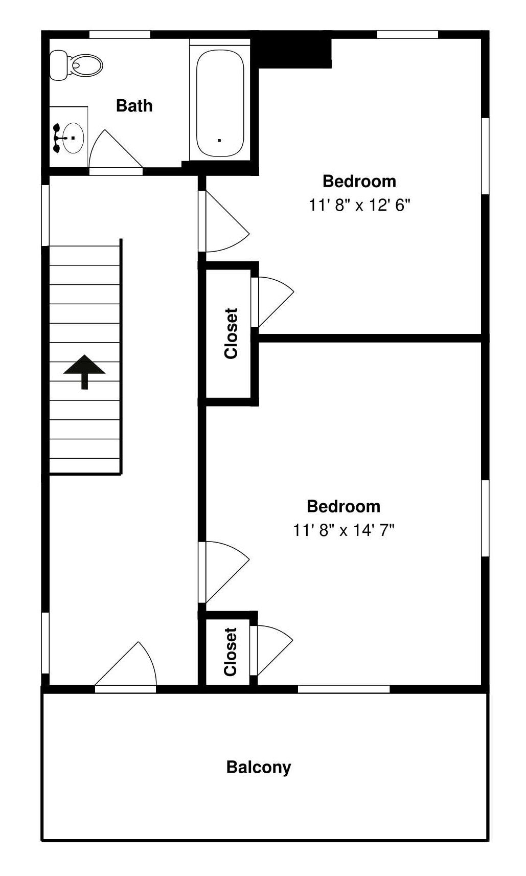 Ein Grundriss mit zwei Schlafzimmern, einem Badezimmer und einem Balkon.