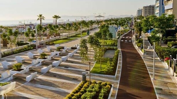 A modern urban street with a pedestrian walkway, lined with palm trees and planters. - Hotel Adriatica (Riccione)