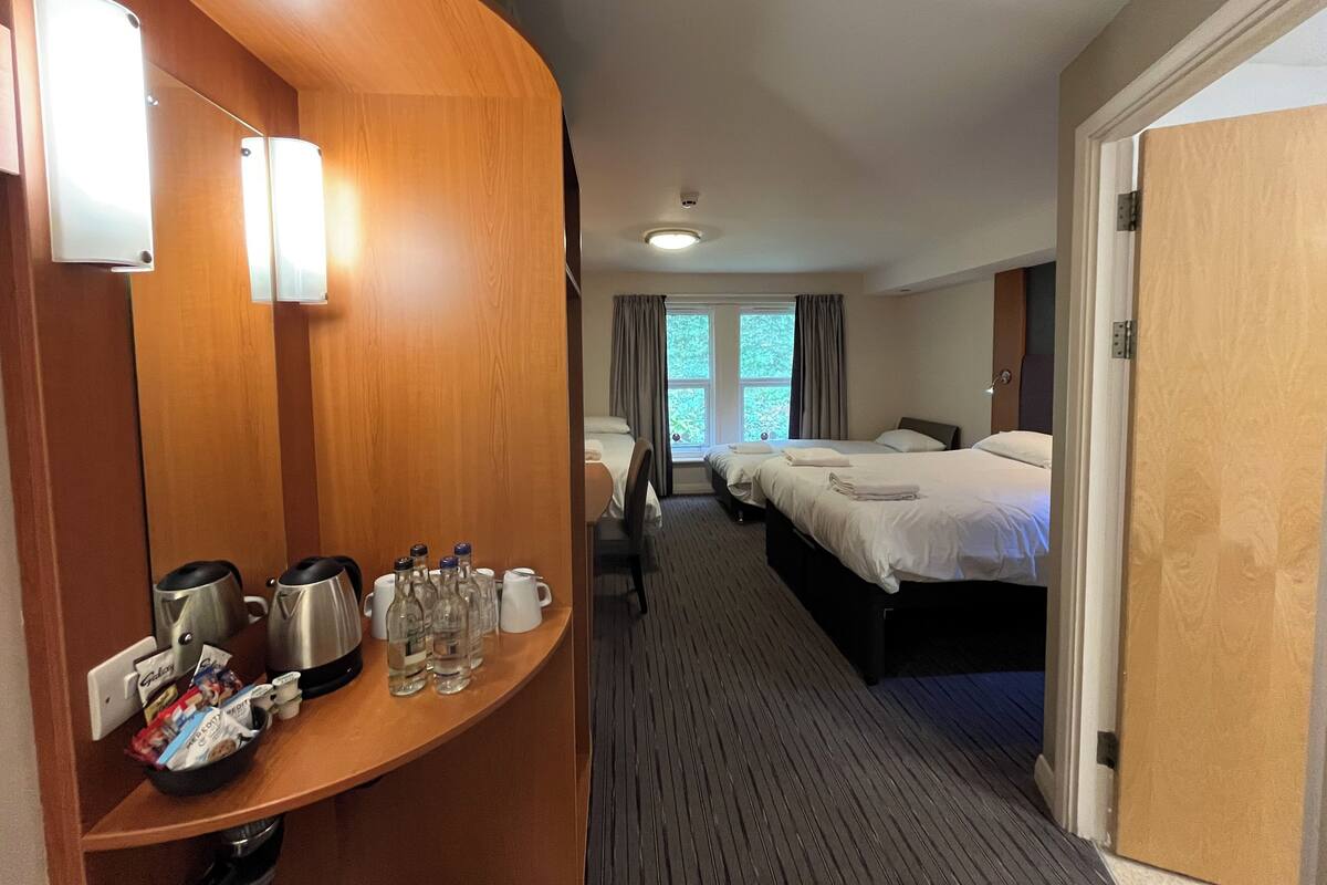 Une chambre d’hôtel avec un bureau en bois aux lignes courbes, deux lits, une vue sur les arbres par la fenêtre et un sol recouvert de moquette.