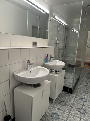 Dusche, Haartrockner, Handtücher, Seife