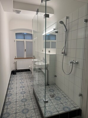 Shower, hair dryer, towels, soap