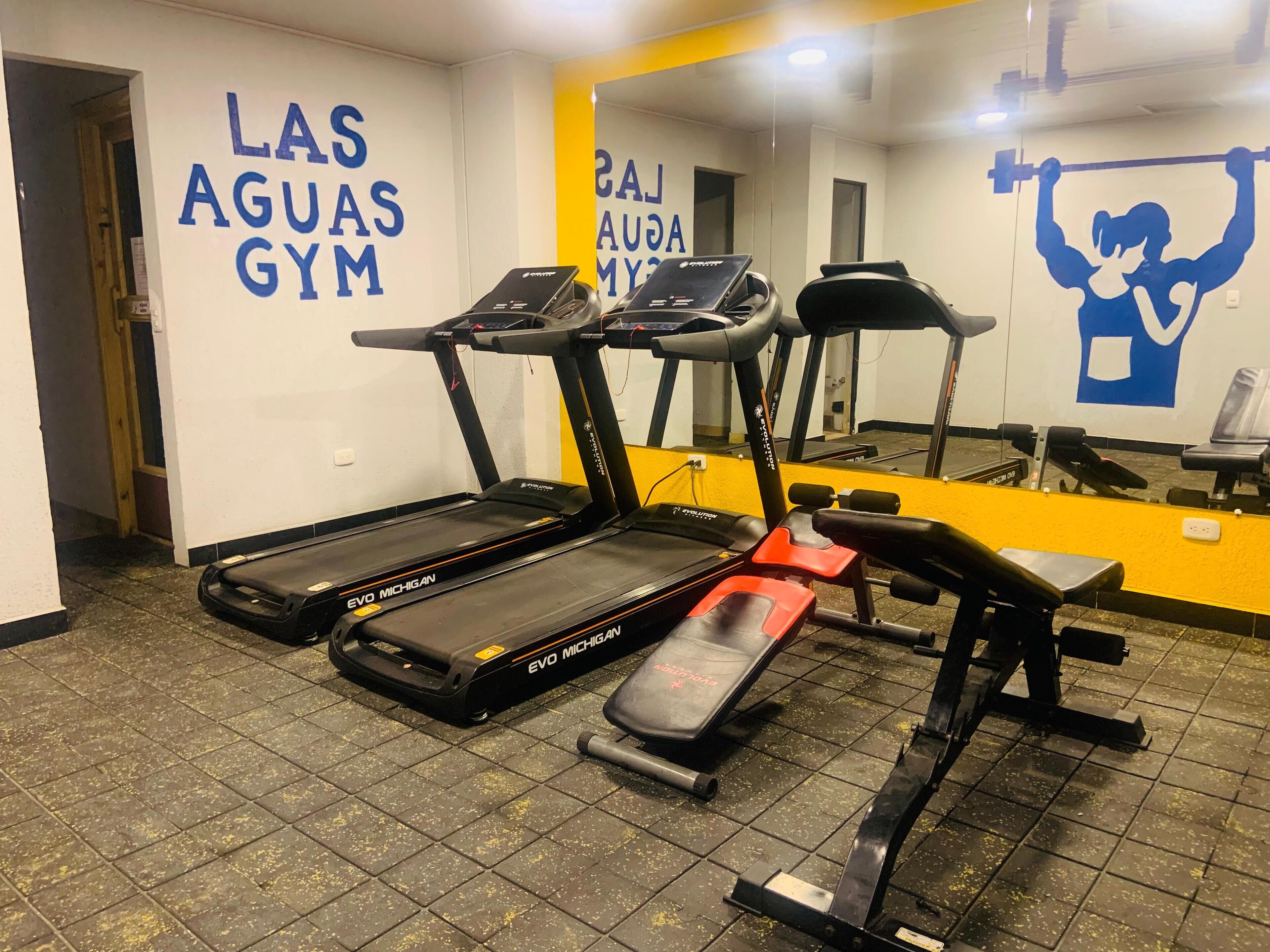 A gym with treadmills, a bench, and a mirrored wall.