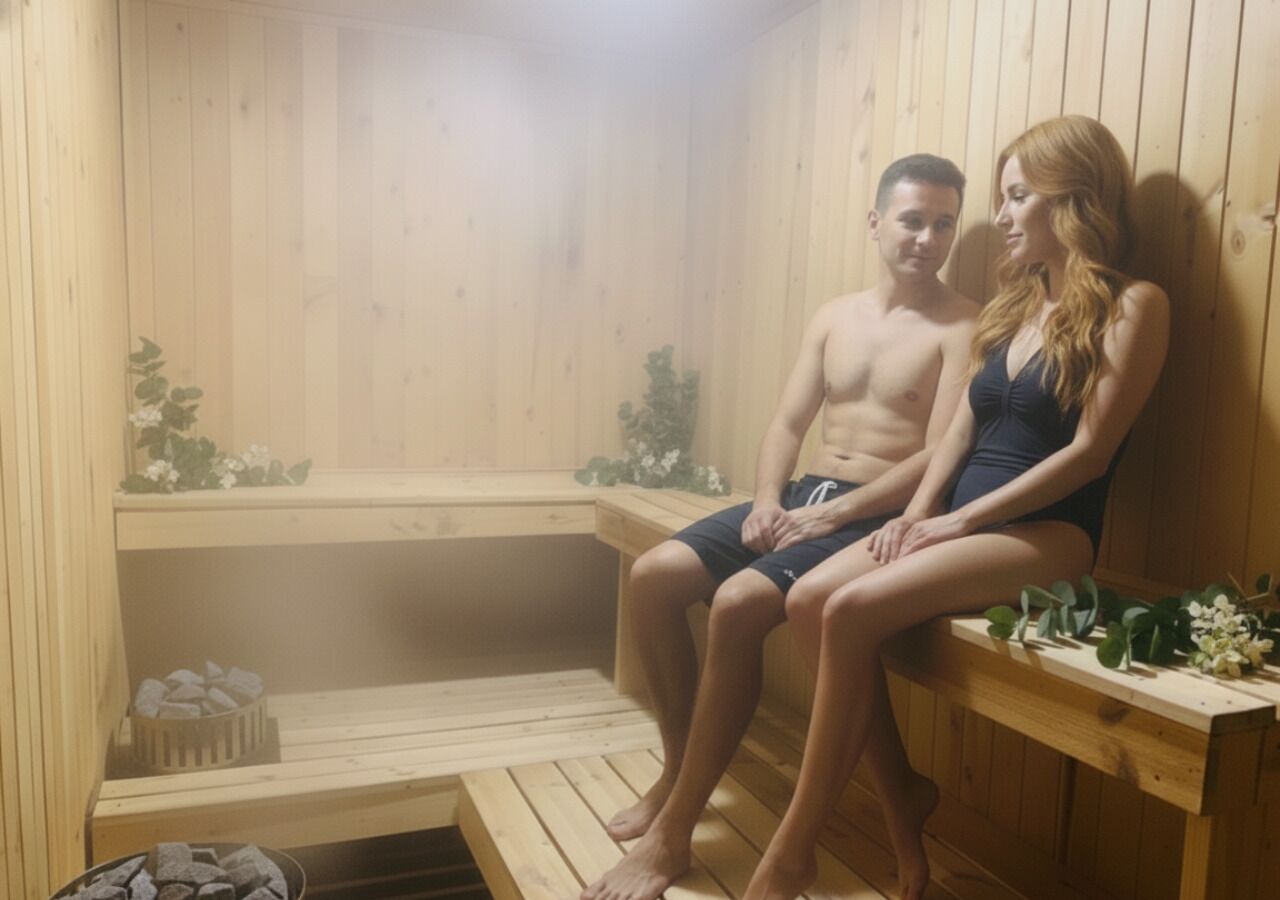 A wooden sauna with benches, a bench with flowers, and a bench with a towel basket.