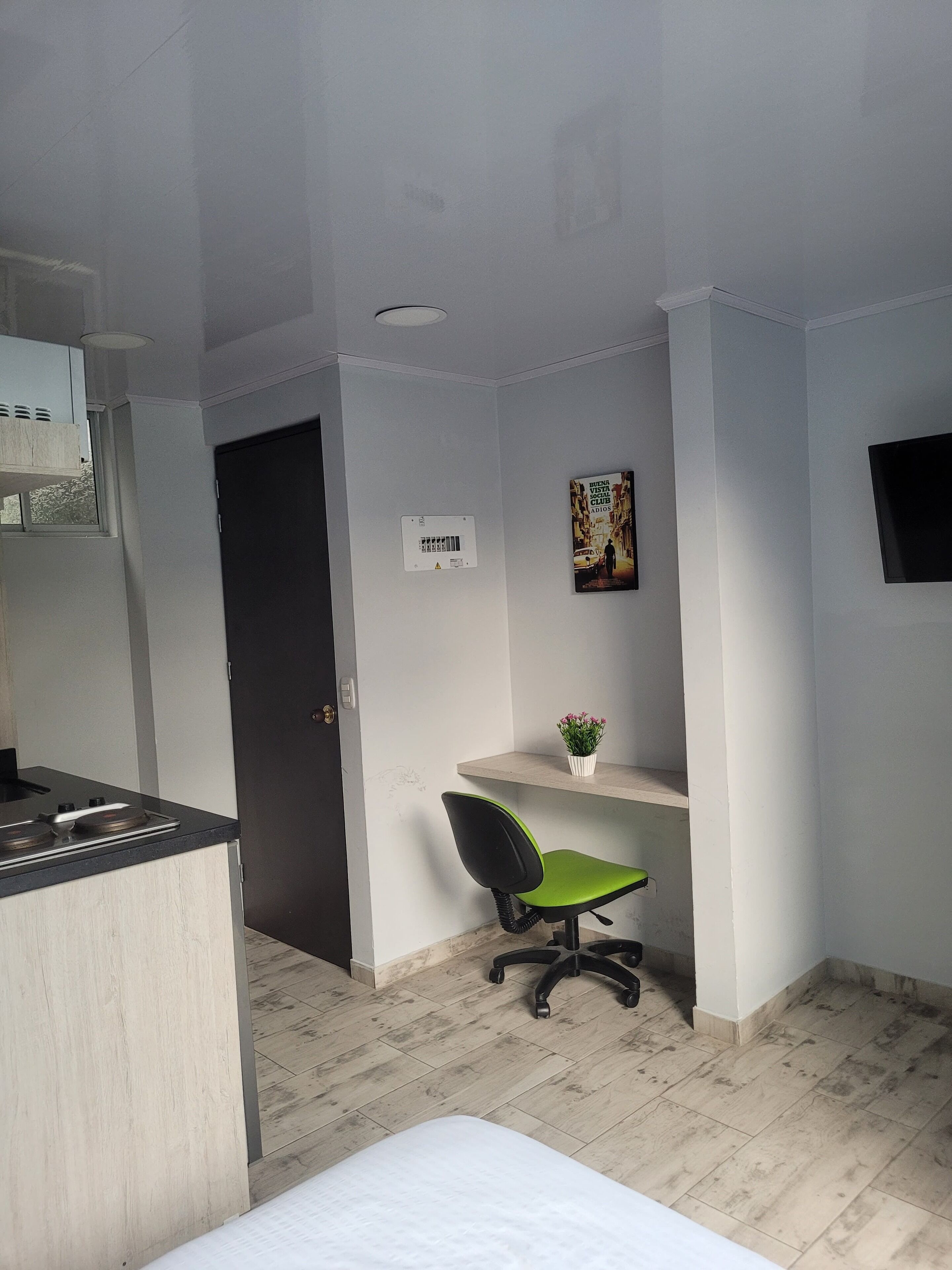A modern, well-lit room with a kitchenette, a single bed, a desk with a chair, and a small shelf with a plant.