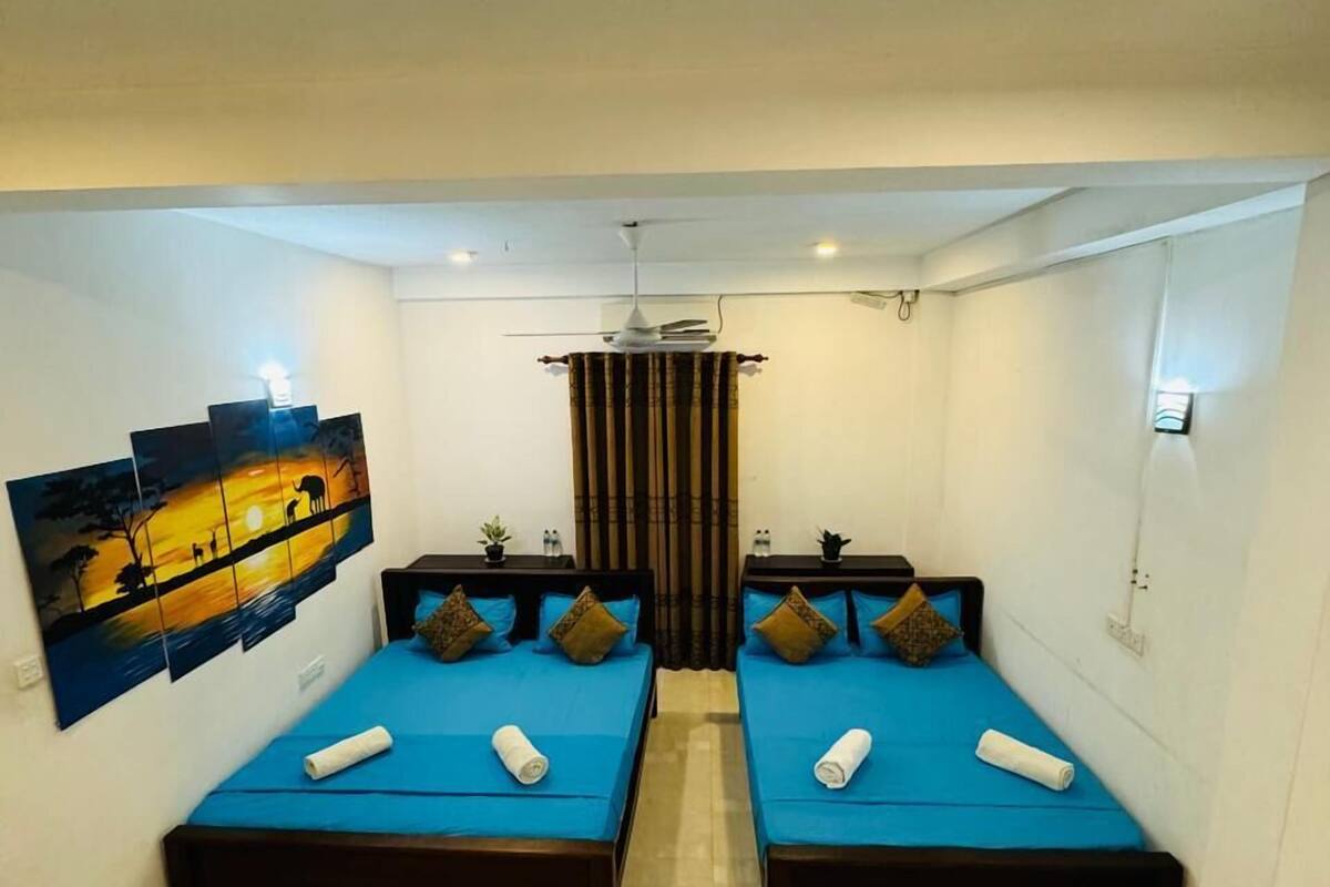A room with two beds, each with a blue mattress and brown headboards. There is a painting on the wall, a ceiling fan, and a window with curtains.