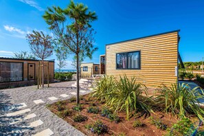 Un bâtiment moderne à l’extérieur en bois, doté d’une allée pavée et d’un petit jardin agrémenté de plantes et d’un arbre.