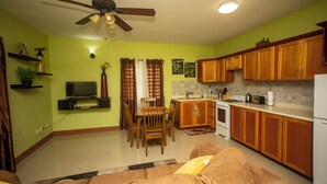 A compact living space with a dining area, kitchenette, and a ceiling fan. - Modern Comfort: Private 1BR In Basseterre (Basseterre)