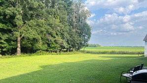 A grassy yard with a barbecue grill and chairs, surrounded by trees and a distant field.