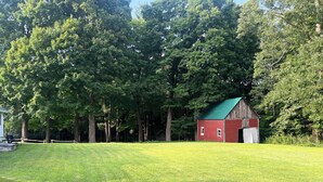 A red barn with a green roof, surrounded by a grassy field and dense trees.